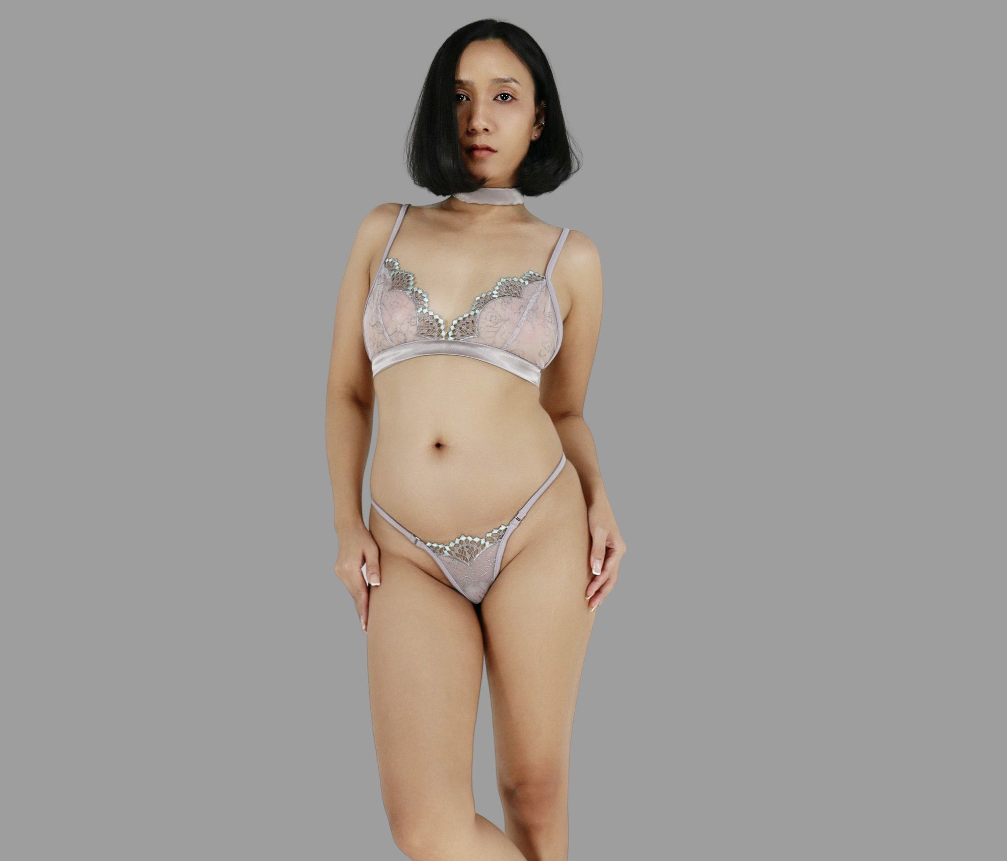 Sheer lingerie set, G string panties bralette and choker in see through silver grey lace sexy sheer lingerie - Ange Déchu