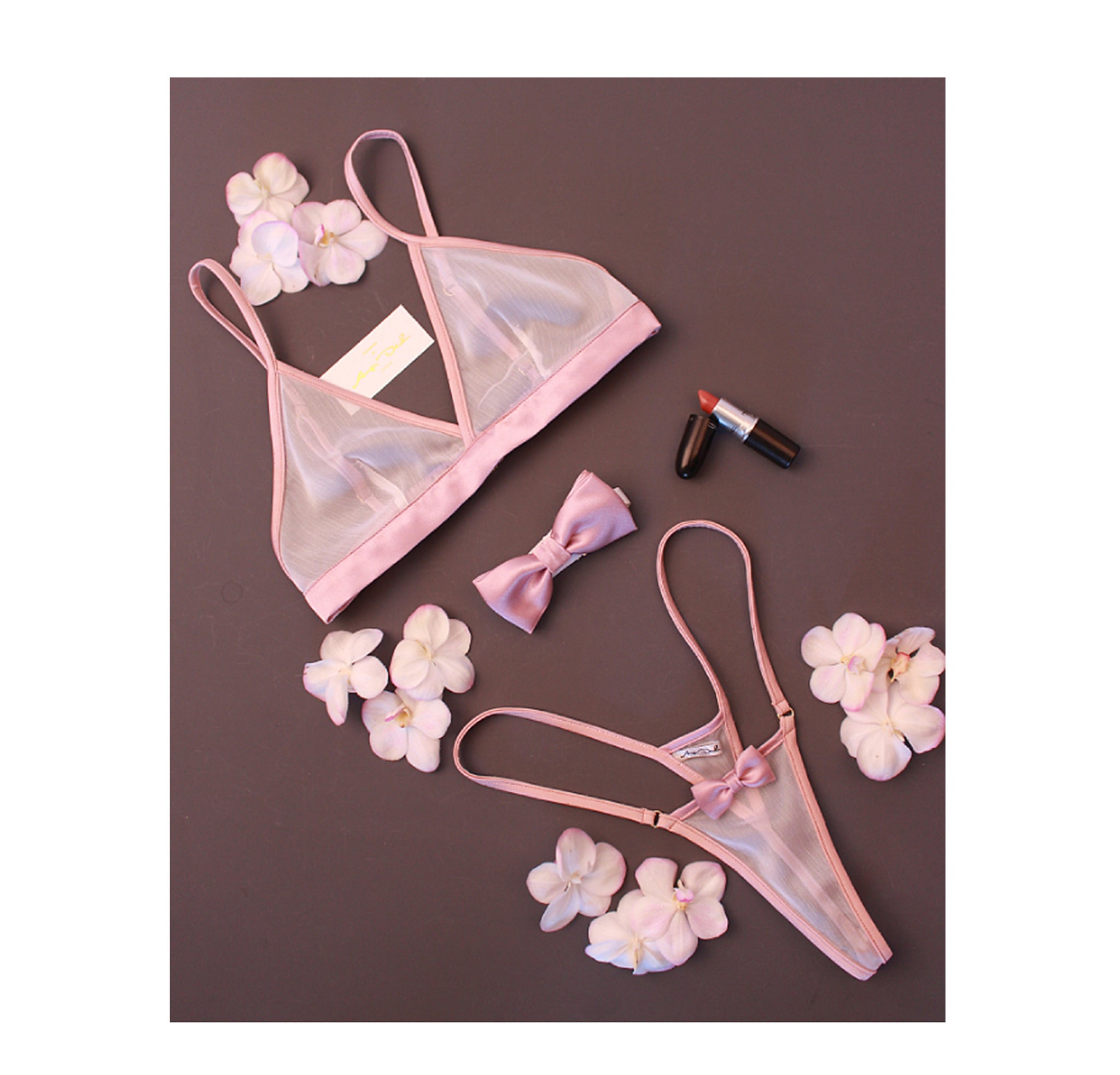 Sheer lingerie set with G string panties and bralette bra in see through white chiffon sexy boudoir lingerie - Ange Déchu