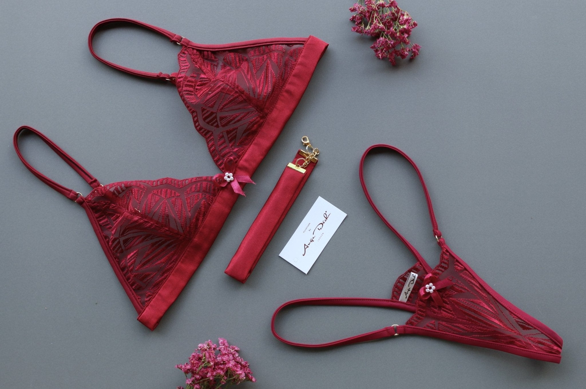Sheer lingerie set with G string panties in see through burgundy red lace sexy boudoir lingerie - Ange Déchu