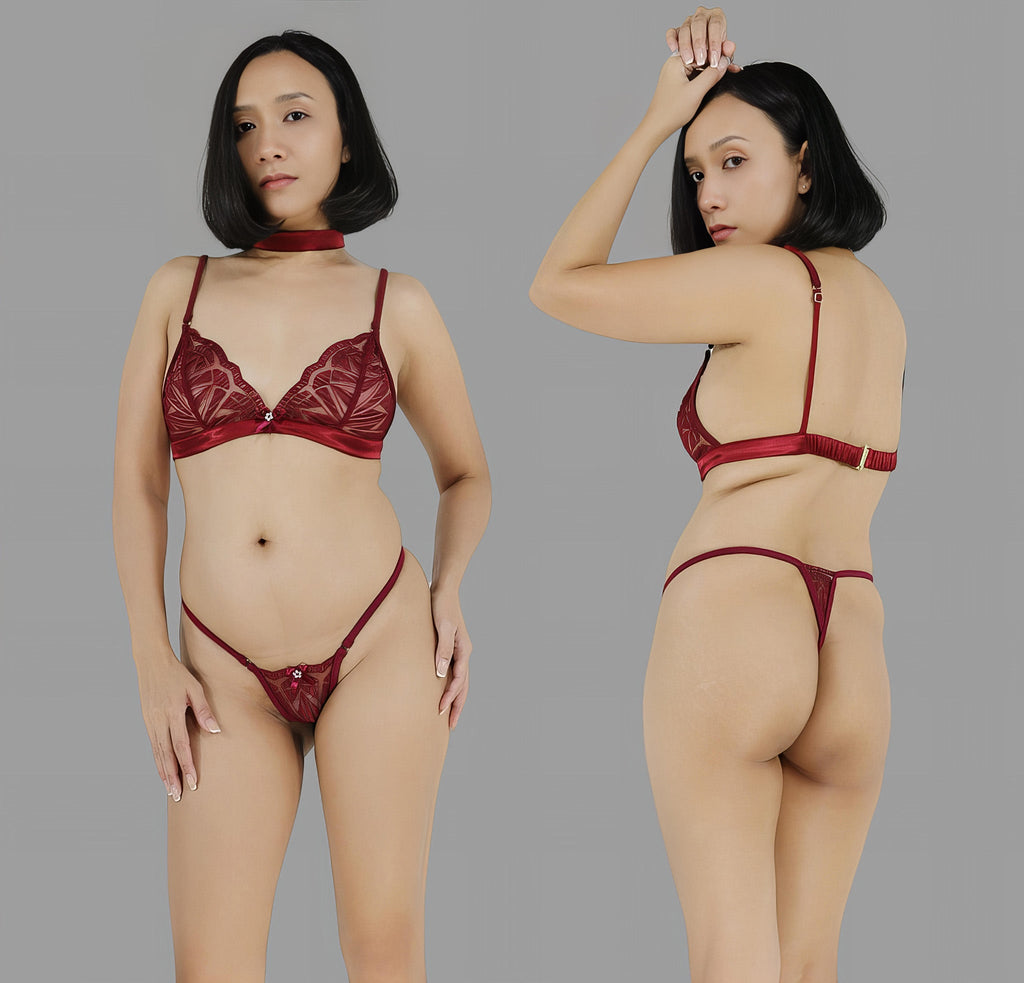 Sheer lingerie set with G string panties in see through burgundy red lace sexy boudoir lingerie - Ange Déchu