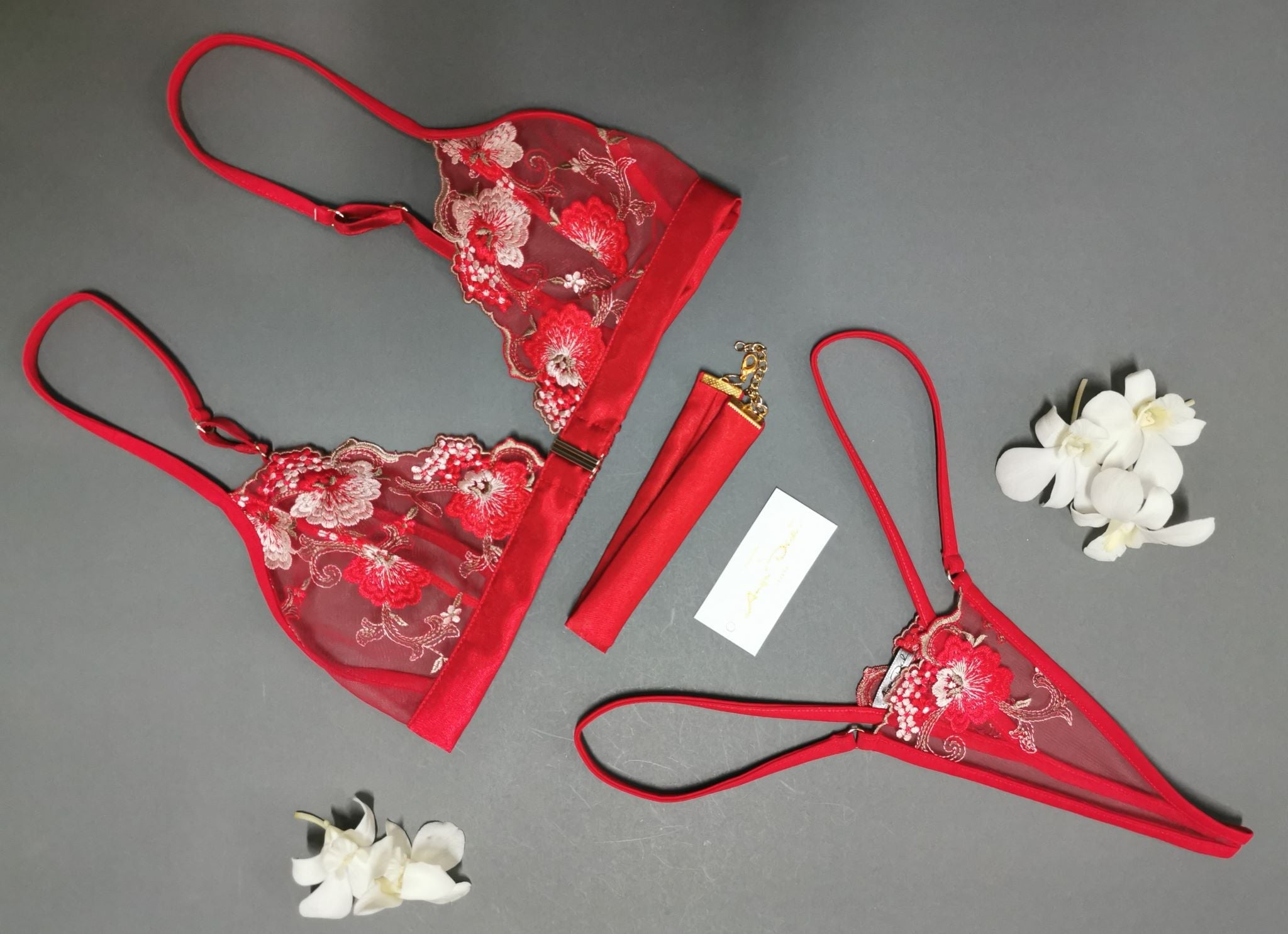 Sheer lingerie set with G string panties in see through red lace sexy boudoir lingerie - Ange Déchu