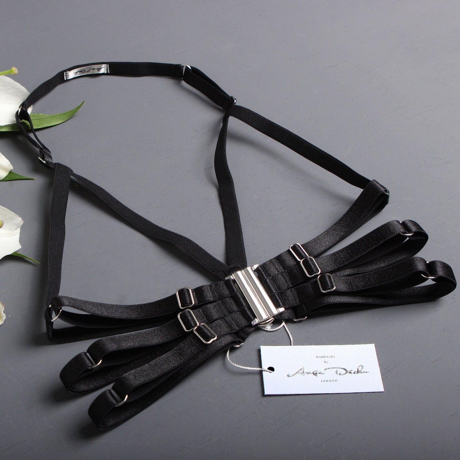 Strappy body harness lingerie 6 piece set in black Suspender cage bra choker garters - Ange Déchu