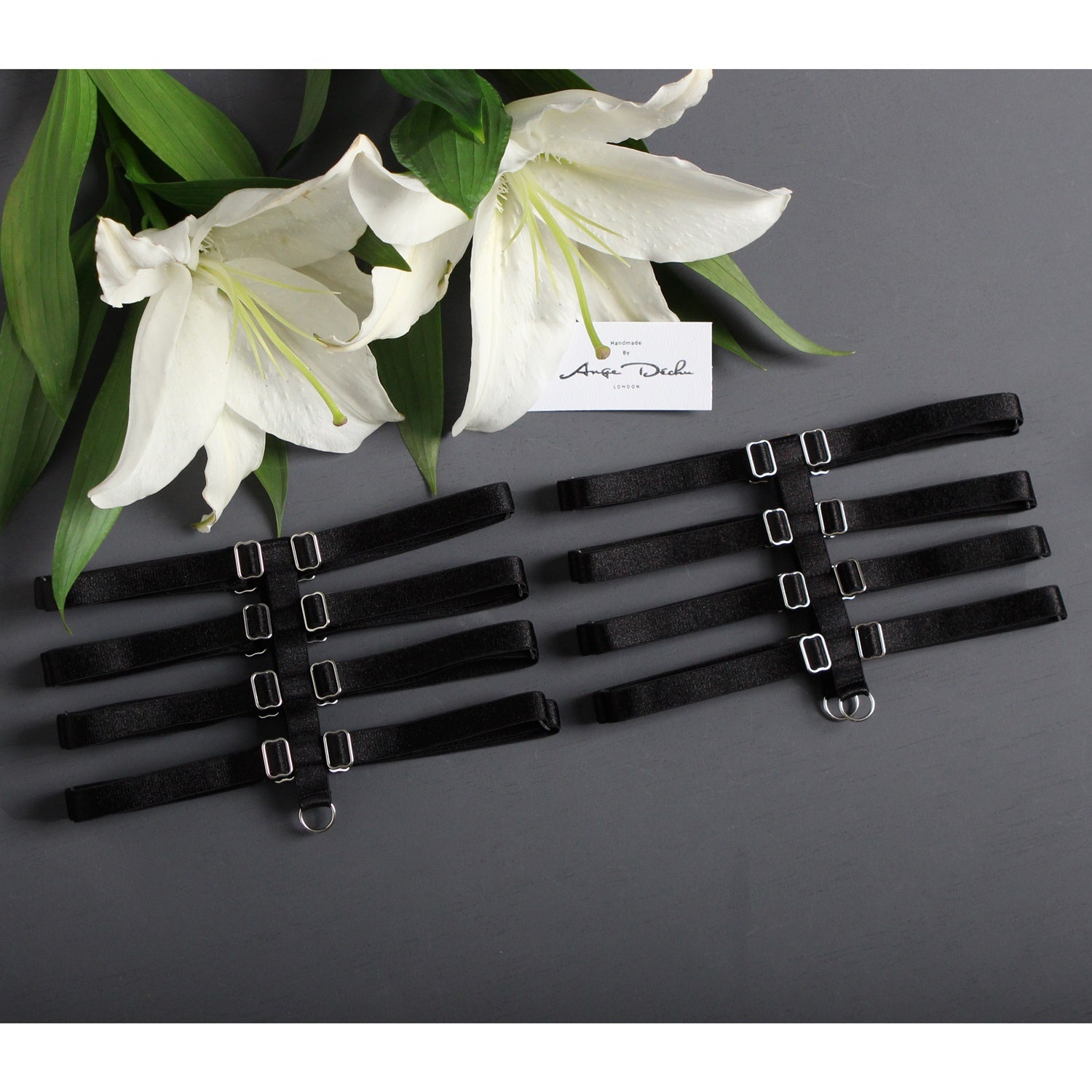 Strappy body harness lingerie 6 piece set in black Suspender cage bra choker garters - Ange Déchu