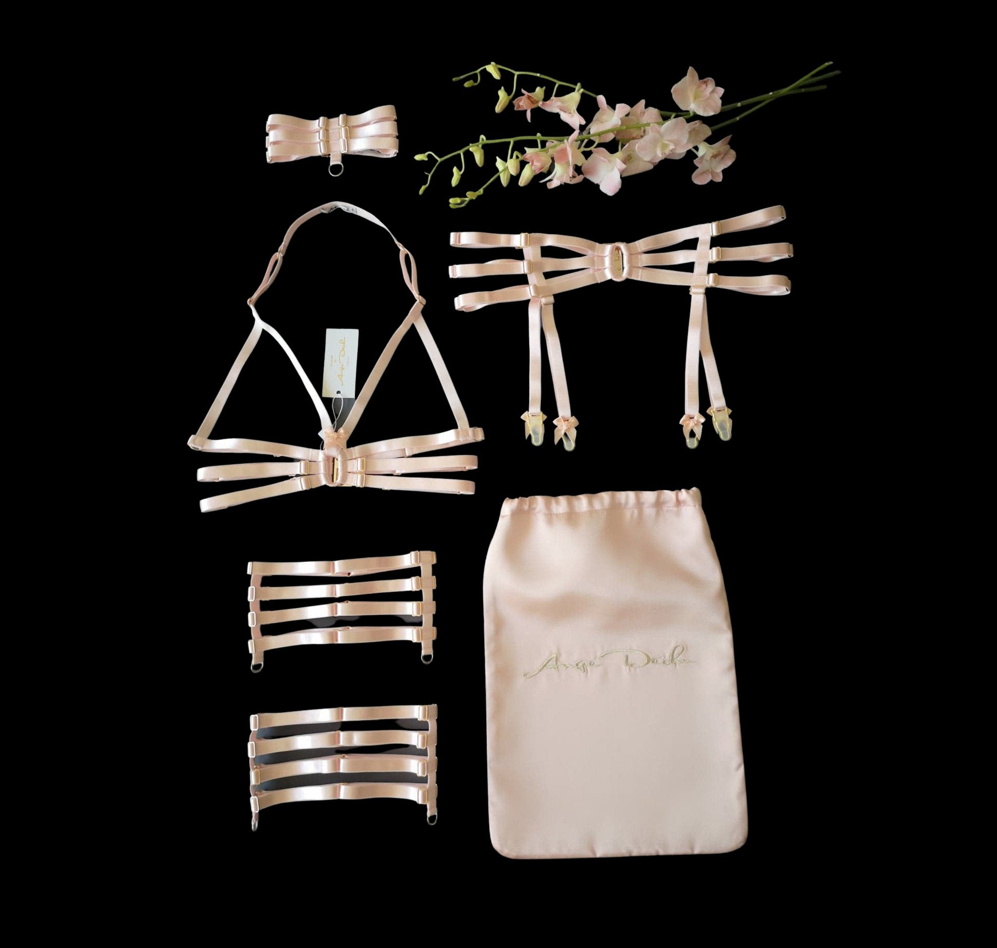 Strappy body harness lingerie 6 piece set peach body harness boudoir lingerie by Ange Dechu - Ange Déchu